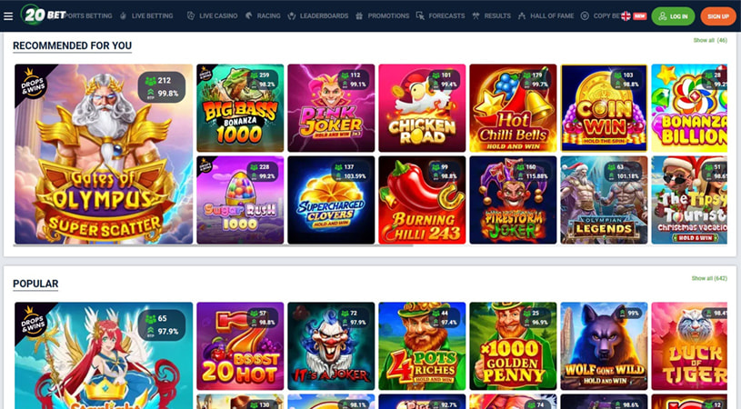 The 20Bet platform displaying recommended and popular slot games like Gates of Olympus, Big Bass Bonanza 1000, and Sugar Rush 1000, with return percentages and popularity indicators.