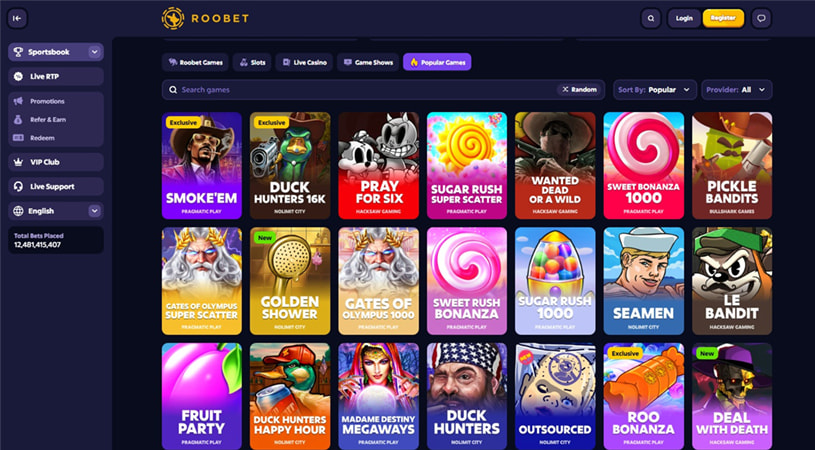 The Roobet homepage showing popular slot games such as Sugar Rush Super Scatter, Wanted Dead or a Wild, and Gates of Olympus, with a left sidebar for sportsbook, promotions, and VIP.