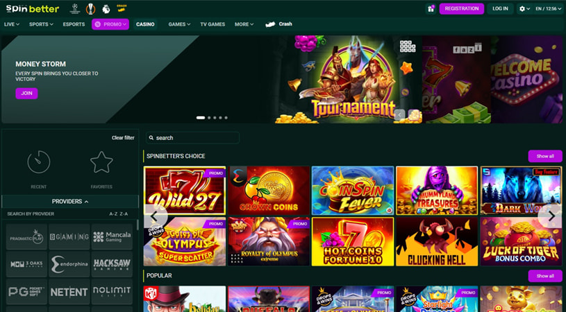The Spinbetter casino homepage featuring promotional banners and a selection of games like Wild 27, Crown Coins, and Gates of Olympus Super Scatter, with filters for providers and categories.